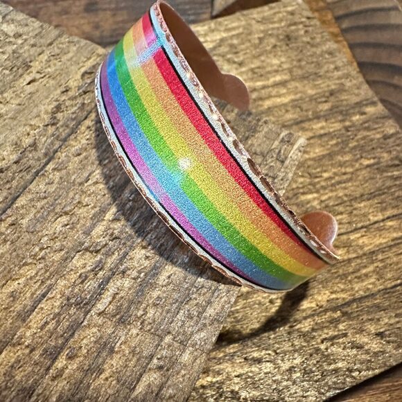 Handmade Boho Copper Wide Cuff Bracelet, Diamond Cut Rainbow Pride Design, Gift - Picture 3 of 11